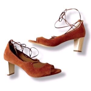 Talbots | Women’s rust brown suede leather peep toe ankle tie Hilary heels, sz 9